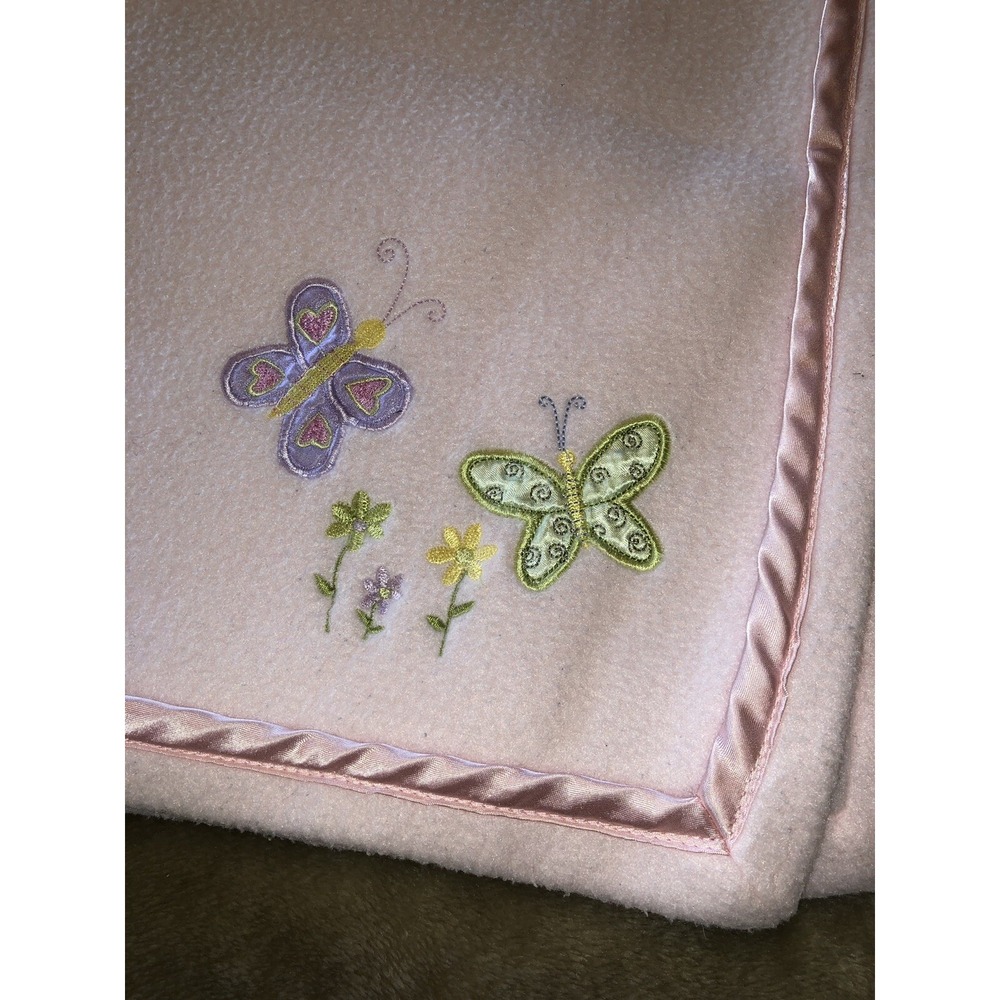 Vintage Tiddliwinks Blanket Pink Butterflies fleece 28.5x39.5 satin piping
